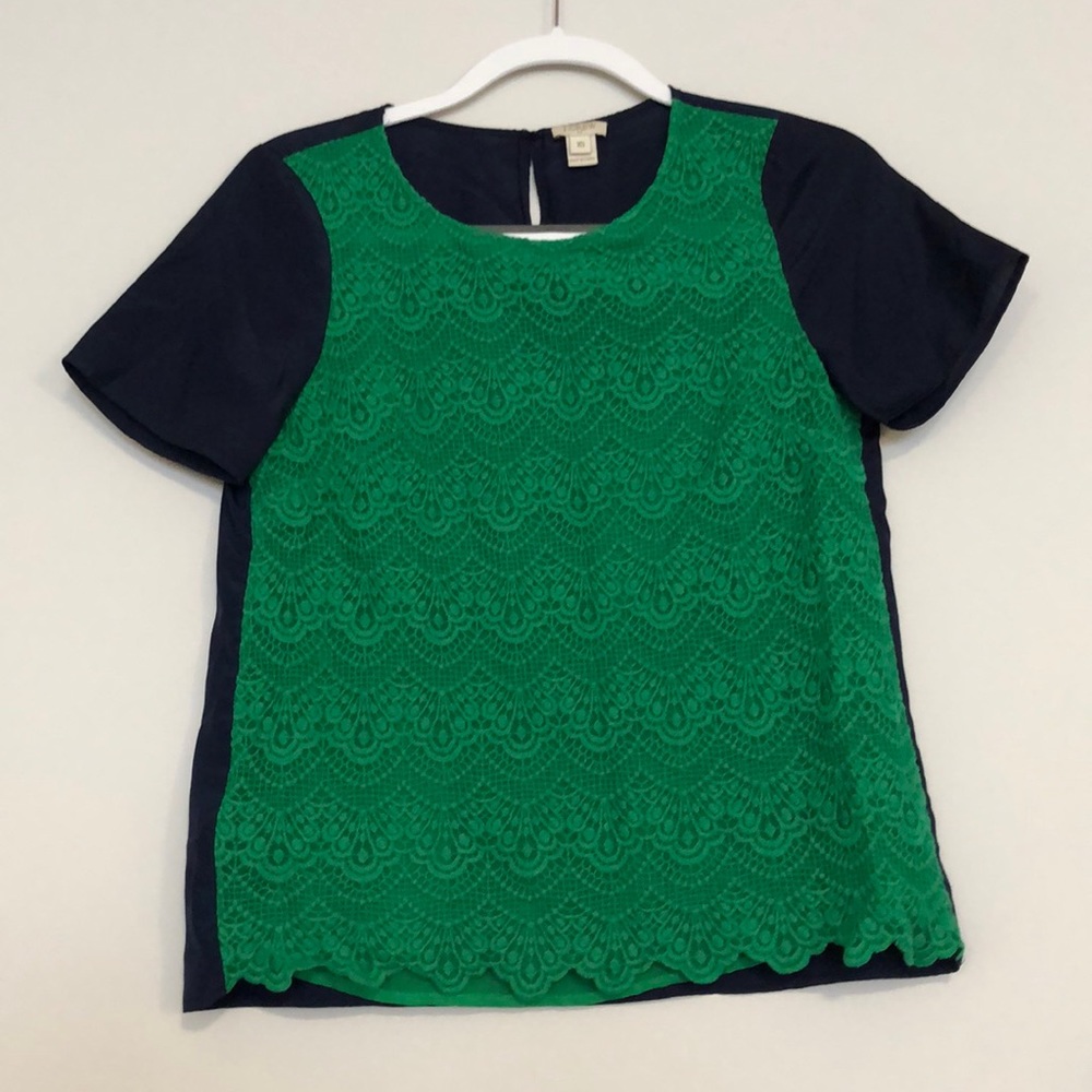 J. Crew Emerald Green/Navy lace blouse